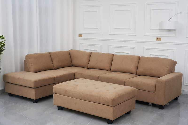 L Shaped Sectional Fabric Sofa With Ottoman