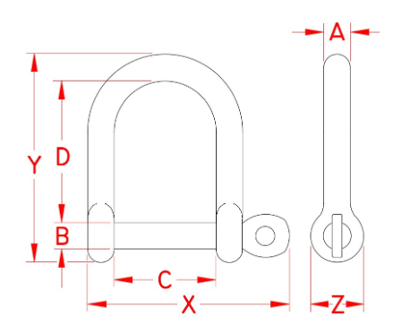 Drawing of wide D shackle with screw pin