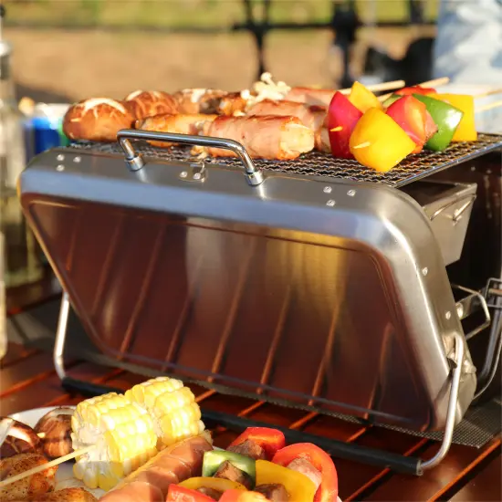 Portable Stainless Steel Charcoal Bbq Grill Foldable For Tailgating Camping Folding Base Camp Barbecue Grill