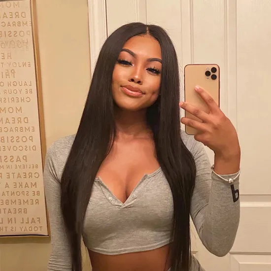 Brazilian black ladies real hair wig 28 inch straight hair 100% real human hair 13x4T partial pre-pulled mesh wig wholesaler