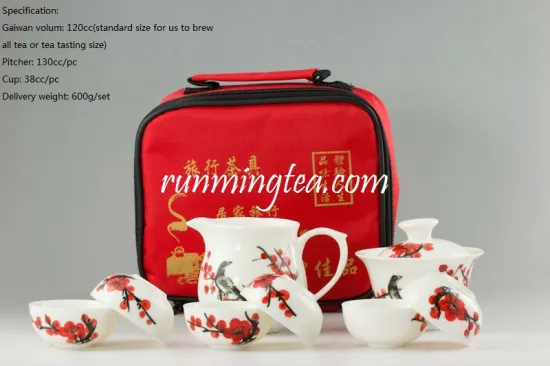 Hand-painted Red Plum Blossom with Magpie, Portable/Travel Tea Set, Gaiwan, Pitcher, 6 Cups+ Tweezer