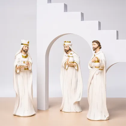 Handcrafted Home Christmas Manger Set: Statue of Jesus, St. Joseph, and Church Decorations in Resin Material