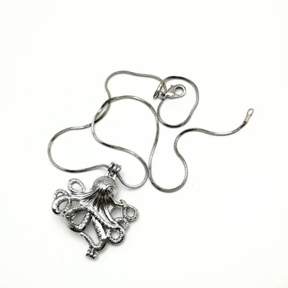 Silver Stone Pearl Cage Ocean Octopus Locket Necklace