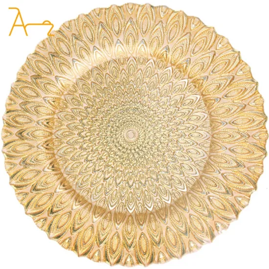 Hot Selling Glass Charger Plates with Peacock Pattern: Elegant Wedding Event Decorations in Gold and Silver