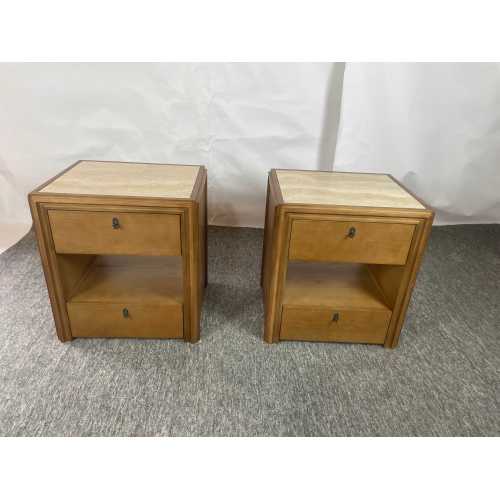 Mid-Century Modern Travertine Top Wooden Nightstand