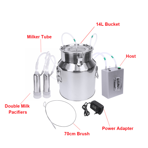 14L Cow Goat Sheep Milker Electric Milking Machine Stainless Steel Bucket Double Heads Silicone Hose With Restriction Valve