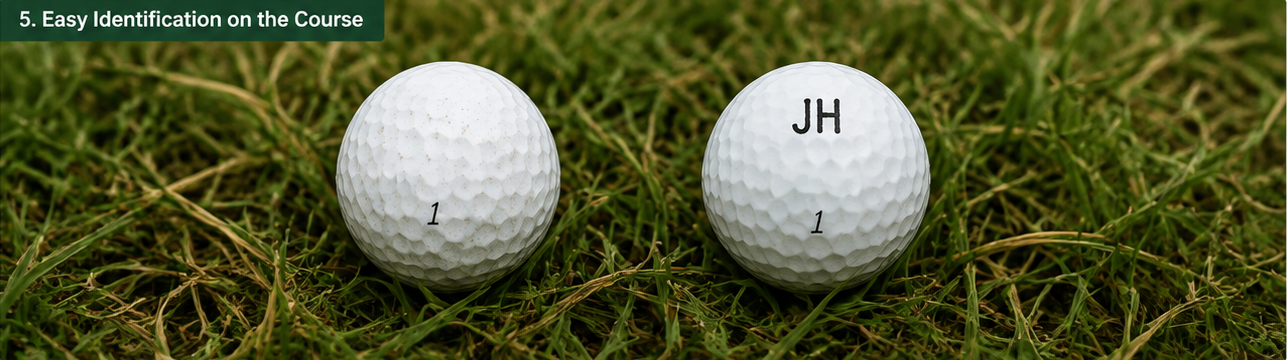 Two similar golf balls in rough grass with one clearly showing personal identification mark