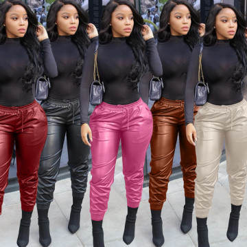 Women's Plus Size High Waist PU Stacked Leather Causal Leggings