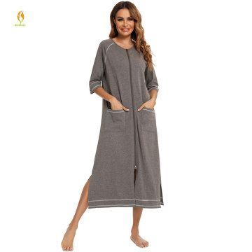 Womens Zipper Front Striped Floral Loungewear Robe with Pockets