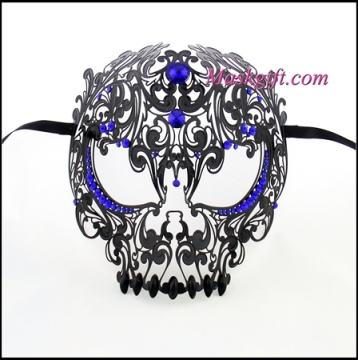 Luxury Halloween Venetian Black Skull Metal Laser Cut Masquerade Party Skull Masks Wih Royal Blue Stones MG004-BLBK