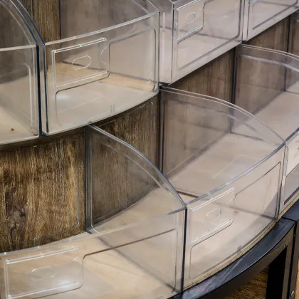 Island-type acrylic steel and wood shelves
