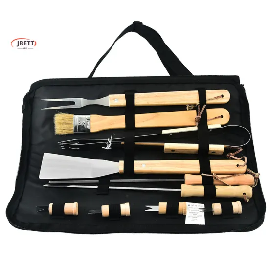 New 10-Piece BBQ Tool Set with Oxford Cloth Bag and Wooden Handles
