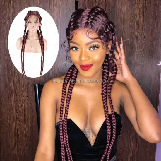African American 32inch Box Black Braid Hair Wig Synthetic Hair Wig Wholesale 4 Long Box Braided Twist Lace Wigs