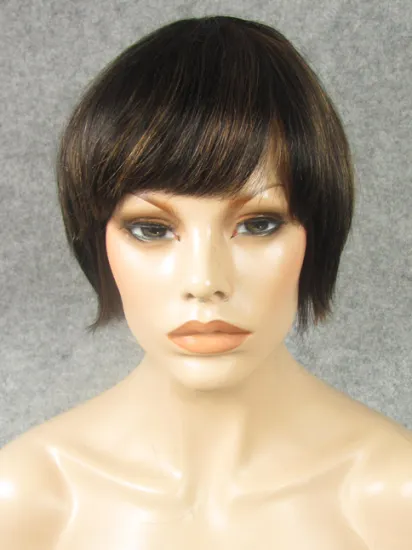 Brown Highlight Chic Short Cheap 100% Human Hair Full Wig
