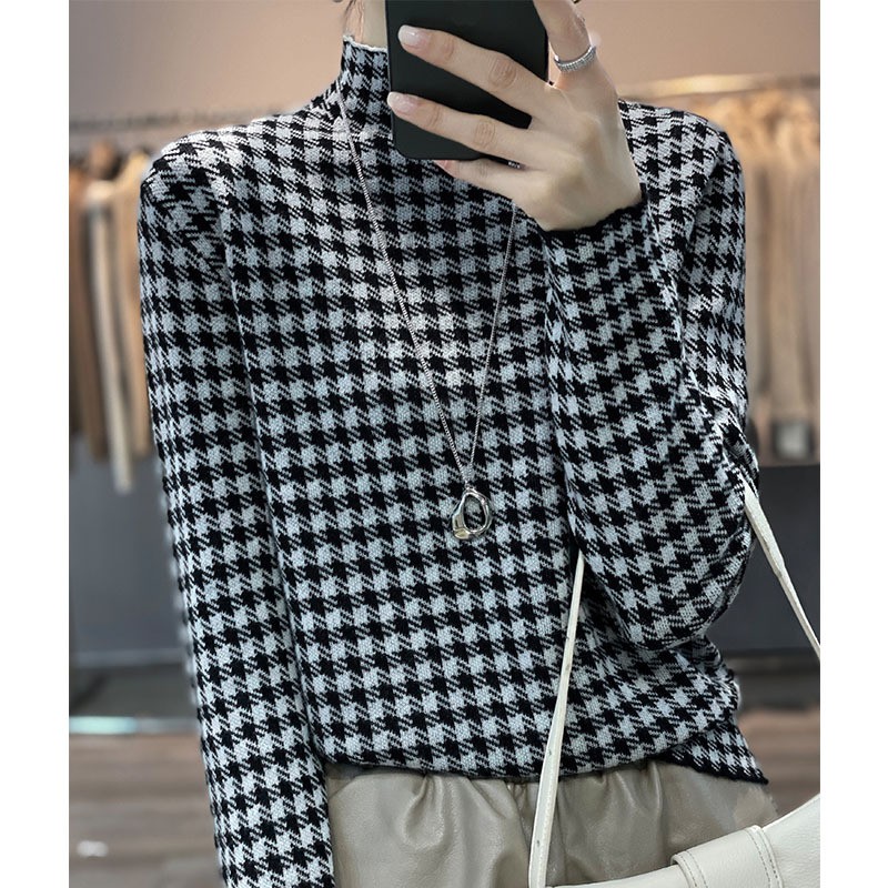 Halvturtleneck enkel färgblock houndstooth tröja