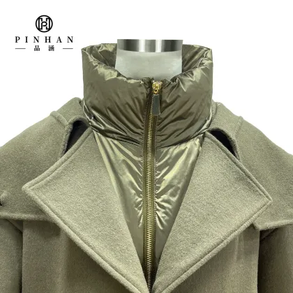 Luxury Designed Lady Woolen Stitched Puffer Jacket with Big Hood and Turn-down Collar