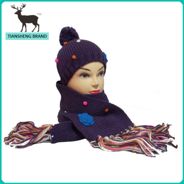 2016 popular purple scarf hat and glove,knitting set,handmade pompom detail knitted set
