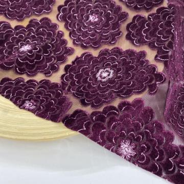 Burgundy Velvet Laser Cut  Mesh Embroidery Fabric