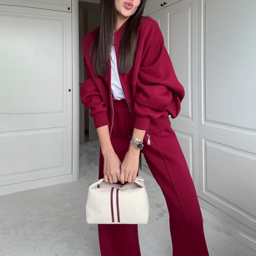 2024 Women's Fashion Zipper Bomber Sweatshirt and Elastic High Waist Trousers Set