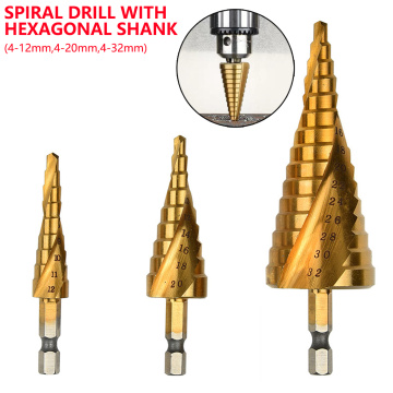 4-12/20/32mm Step Drill Bit HSS Titanium Coated Step Cone Metal Hole Cutter Metal Hex Tapered Drill Power Tools Accessories