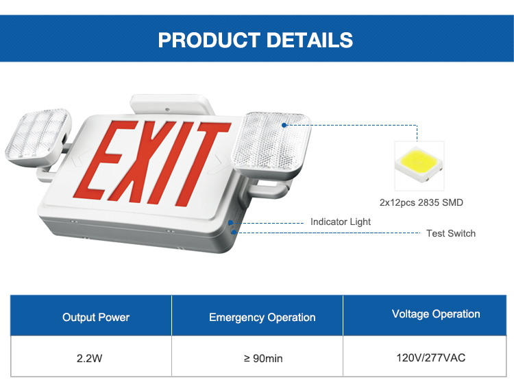Amazon Top Sale 120V/277V Combo de luz de emergencia LED de doble voltaje LED con signo de salida JLEC2RWZ4 CUL Lámpara de iluminación de emergencia