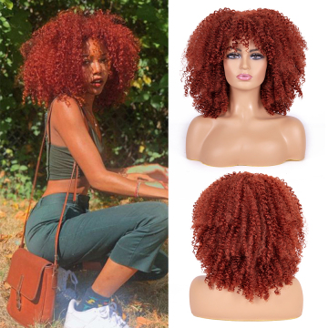 14" African Synthetic Glueless Heat Resistant Fiber Fluffy Bomb Curly Hair Wig Short Curly Afro Wigs with Bangs for Black Women