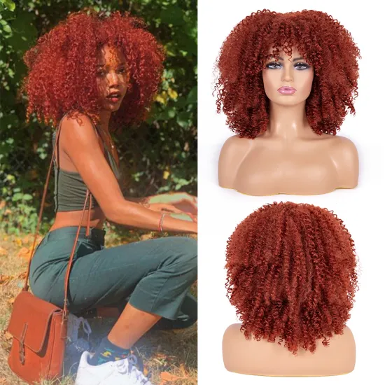 14" African Synthetic Glueless Heat Resistant Fiber Fluffy Bomb Curly Hair Wig Short Curly Afro Wigs with Bangs for Black Women