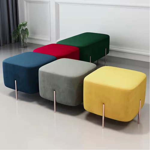 China Hot sale new design Luxury Upholstered Space saving Technology velvet fabric metal leg round Footrest Shoe changing foot stool Supplier