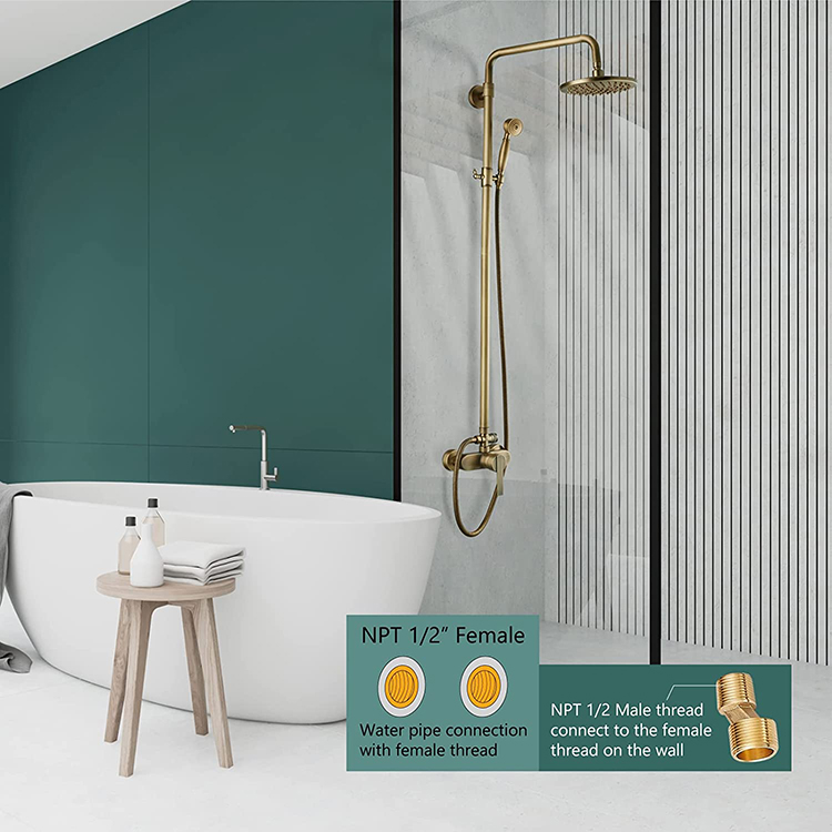 Brushed Brass Gold Shower Set Wall Mixer Tap