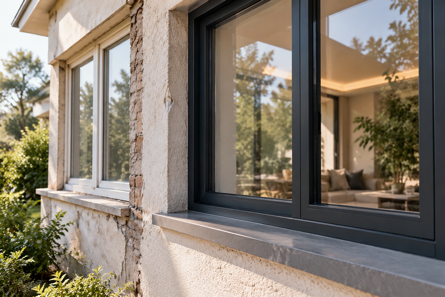 Replacement black aluminum window installed in an existing residential building during renovation