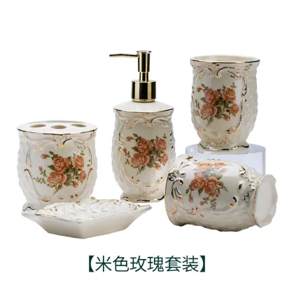 Ceramic Bathroom Five-Piece Set: Mouthwash Cup, Brushing Cup, and Toilet Ornament
