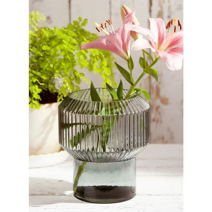 Ribbed Smokey grey Glass Vase candle holder