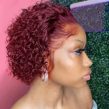 Short Pixie Cut Wig Human Hair Transparent Lace Wig Brazilian Burgundy 99J Red Short Curly Bob Wig