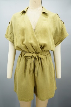 Women Summer Elastic Short Sleeve V-neck Wrap Jumpsuit