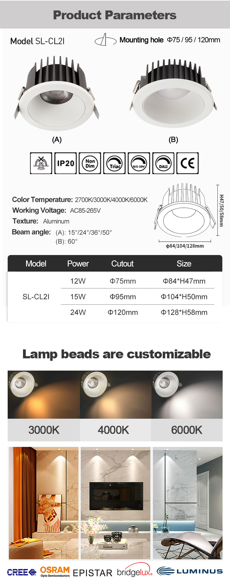 15w recessed led cob downlight