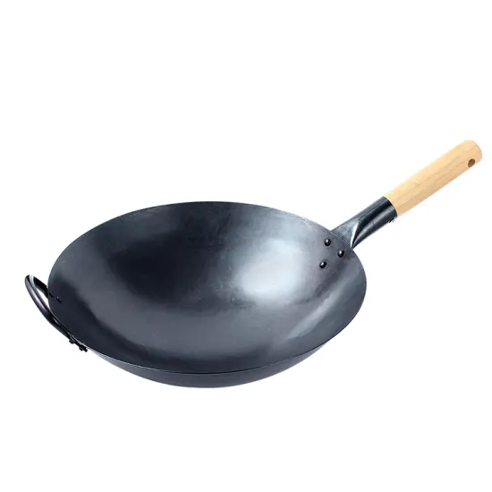 Commercial Cooking High temperature preseason Chinese Traditional Craft Hammered Wok wood Handle non stick Carbon Steel Wok Pan