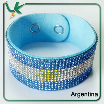 Bling Bling Style Shiny Crystal Rhinestone on Korean Velvet Leather with Button Clasp Argentina Flag Bracelet