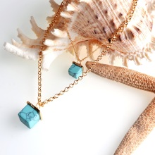 Gold Double Layer Necklace Turquoise Square Pendant