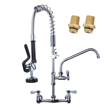 Commercial Wall Mount 2-Hole Kitchen Faucet with Pull-Out Pre-Rinse Spray