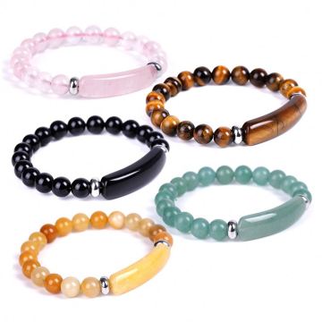 Hot Sale 8mm Beaded Natural Tiger Eye Obsidian Long Bar Energy Stone Bracelet