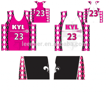 Red argyle design reversible pinnies and skirts women's Lacrosse uniforms