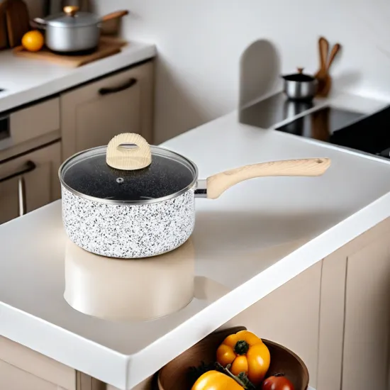 Forged Aluminum Ceramic Coated Milk Pot: Non-Stick Sauce Pan with Wood Handle and Glass Lid