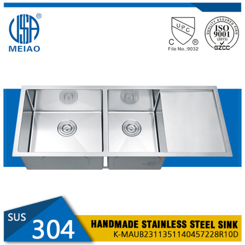 SUS304 Kċina Double Bowl Sink bi Drainboard