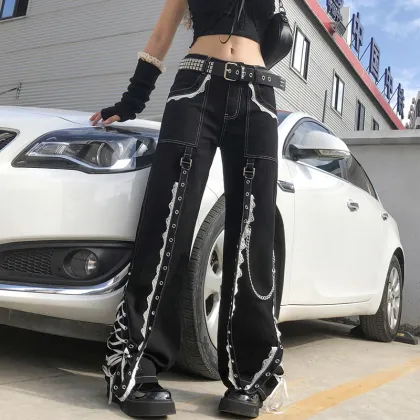Women Lace Splicing Black Goth Pants