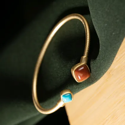 South Red Agate Inlaid With Turquoise Silver Bracelet