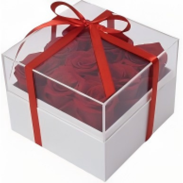Coffret cadeau carré en acrylique avec 9 fleurs rouges préservées