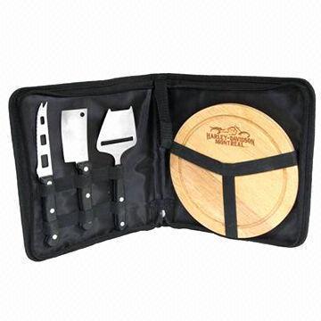 Cheese Set, 3-piece Bakelite Handle Knives with Wooden Board in Good Nylon Bag Packing