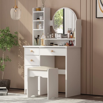 Factory Wholesale White European Style Corner Makeup Vanity Table with Round Mirror
