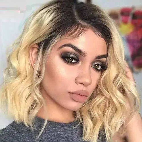 Short Blonde Water Wave Synthetic Bob Wigs For Women With Bangs Heat Resistant Natural Wavy Cosplay Wigs Hairline Full Wigs