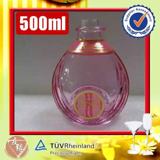 China supplier decal logo 500ml hot selling pink color round empty glass liquor bottle